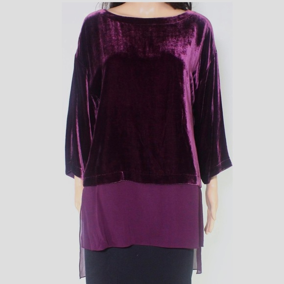 Eileen Fisher Bateau Neck Velvet Rayon Silk Hi-Lo Top In Mauve Sz Petite Large - Picture 9 of 14